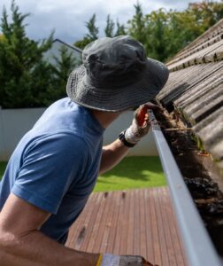 Handyman on ladder cleaning house gutter from leaves and dirt before spraying